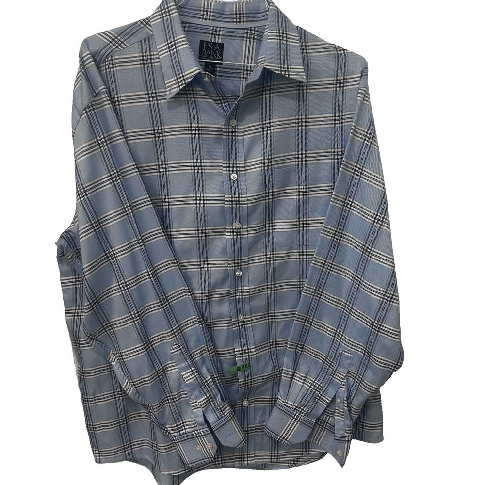 Jos A Bank Signature Wrinkle Free Blue Plaid Cotton Button Up Pocket Men XL